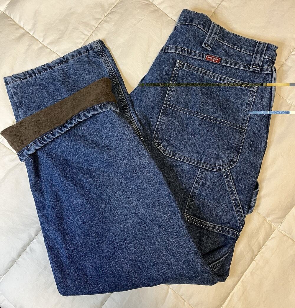 Wrangler Carpenter Jeans Mens 34/30 Blue Fleece Lined Workwear 94FLWSW